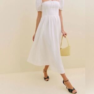Reformation White Puff-Sleeve Midi Dress